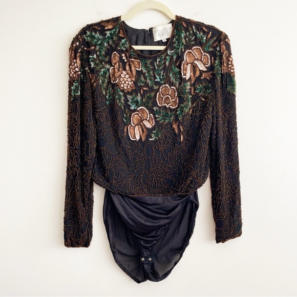 Elegant Vintage beaded bodysuit embellished unique 80s silk floral sequin event - Picture 1 of 16
